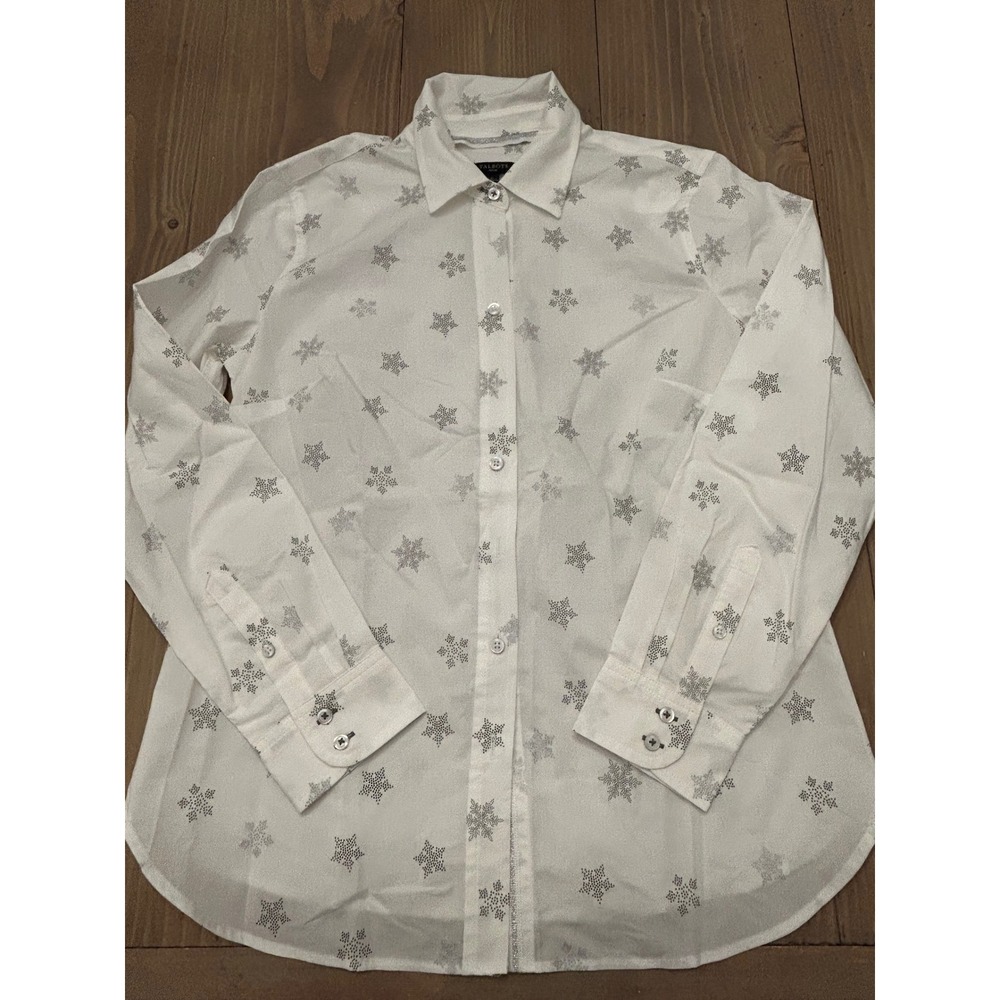 A33 Talbots Petite White Silver Glitter Snowflake‎ Button Up Shirt Blouse SP